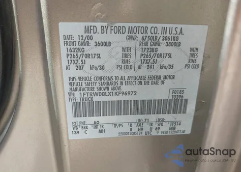 2001 Ford F-150 King Ranch Edition/Lariat/Xlt from USA, damaged, VIN 1FTRW08LX1KF96972